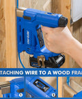 Cordless 20V 2 In 1 Staple And Brad Nail Gun For Upholstery And Woodworking in use on wooden frame