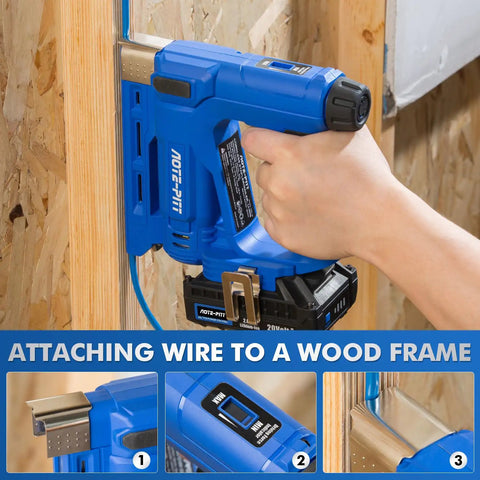 Cordless 20V 2 In 1 Staple And Brad Nail Gun For Upholstery And Woodworking in use on wooden frame