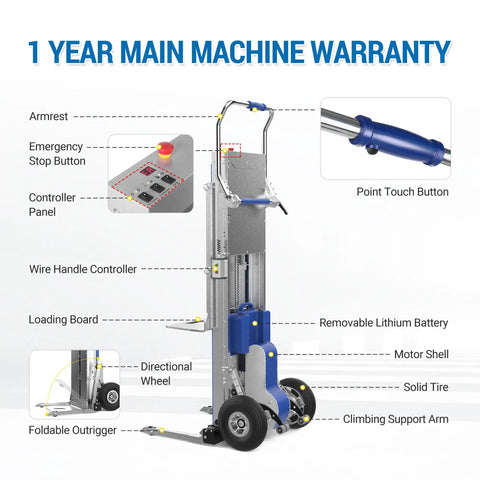 Heavy Duty Electric Stair Climbing Hand Truck With Power Lift Platform, showing features like controller panel and removable battery.