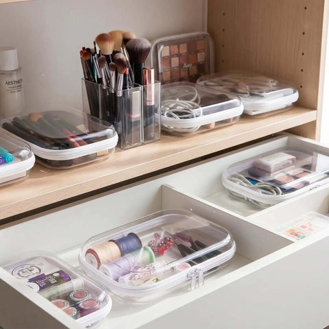 Hella Durable Clear Hard Shell Zipper Cases 6 Pack Water Resistant Storage Pouches neatly organizing cosmetics and craft supplies.