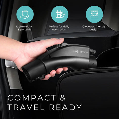 Person holding a black NACS To J1772 EV Charging Adapter For Tesla And All J1772 EVs, 80A 240V, UL 2252 Certified