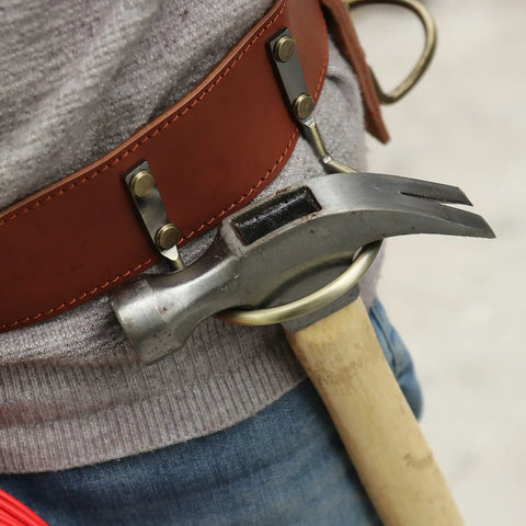 Adjustable Tool Belt With Hammer Hatchet Holder And Drill Holster For Tape Measure Heavy Duty Waist Belt Brown With Leather Keeper Loop
