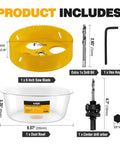 KATA 6-in hole saw kit for recessed lighting with dust bowl; yellow hole saw blade with drill bit, hex key, and center arbor.