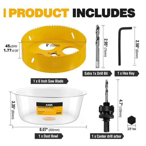 KATA 6-in hole saw kit for recessed lighting with dust bowl; yellow hole saw blade with drill bit, hex key, and center arbor.