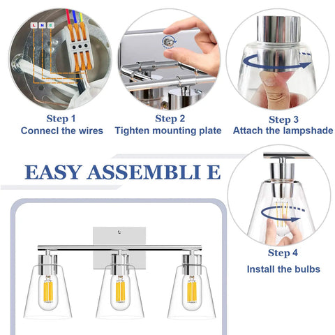 Chrome Three Light Vanity Light Fixture With Clear Glass Shades For Over Mirror, E26 Base, 60W Max, Wall Sconce For Bathroom, Bedroom Or Hallway, Farmhouse Style, Upward Or Downward Install, Sturdy Metal Frame