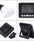 Ultrasonic Liquid Level Sensor With Temperature Display For Indoor Water Tanks Level Meter And Indicator Up To 100 Meters Easy Install Real Time Readout No Brainer For Home Kitchen Basement Utility Rooms showing front, side, and back view.