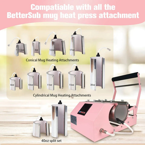Image of a 3-In-1 Tumbler Heat Press Machine For 16 Oz To 40 Oz Tumblers And 11 Oz To 15 Oz Mugs Pink DIY Cup Press with attachments