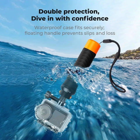 60 Meter Waterproof Case With Floating Handle Kit For DJI Osmo Action 6 underwater, floating in ocean with action camera.