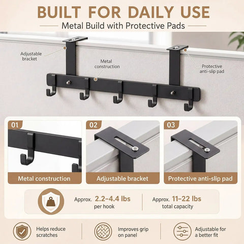 Your Go To Cubicle Hooks For Office Partitions Fits 0.9 To 2.3 Inch Panels With Five Durable Hooks For Coats Bags And More Go To Universal Coat Hanger For Cubicle Walls Easy Installation, shown with metal build and protective pads.