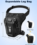 Thigh Bag for Women and Men, Expandable Leg Bag With Leg Strap, black EVA shell shown with expandable measurements.