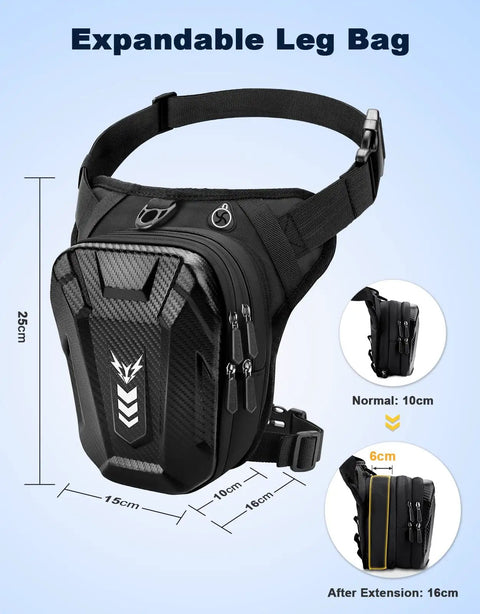 Thigh Bag for Women and Men, Expandable Leg Bag With Leg Strap, black EVA shell shown with expandable measurements.