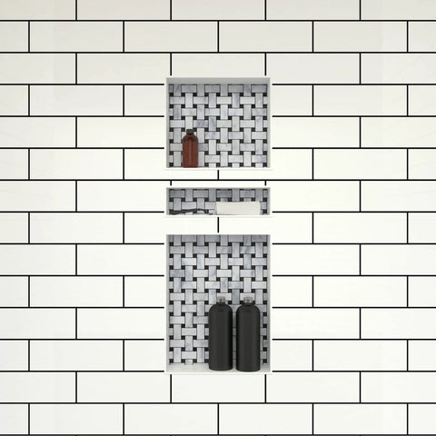 Triple Recessed Shower Shelf In Black With Three Built In Shelves, 16 Inch By 40 Inch By 4 Inch Niche, Tile Ready Surface, Reversible Install
