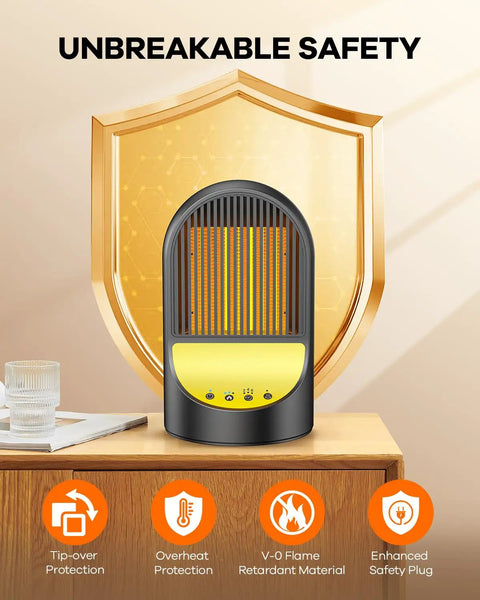 Crank Up The Heat 1500W Space Heater For Your Desk And Office, Portable PTC Ceramic Heater with safety features displayed