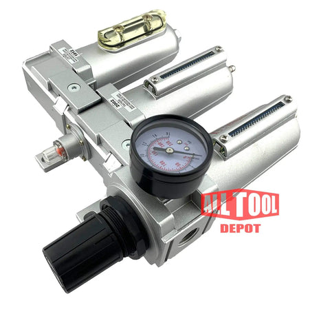 Heavy Duty Three Quarters Inch NPT Industrial Grade Filter Regulator Coalescing Desiccant Dryer System close-up with pressure gauge
