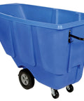 Blue Plastic Tilt Dump Cart With Half Cubic Yard Capacity And 450 Lb Load Rating Featuring Rust Resistant Steel Frame Tapered Front Smooth Roll Out No Sweat Hauling Heavy Duty Parts side view with handle and wheels