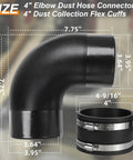 Heavy Duty 4 Inch Dust Collection Fitting Kit For Woodshop includes 90 degree elbow, flex cuffs, and size measurements.