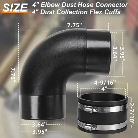 Heavy Duty 4 Inch Dust Collection Fitting Kit For Woodshop includes 90 degree elbow, flex cuffs, and size measurements.