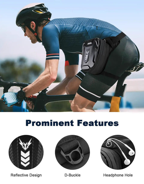 Cyclist wearing Thigh Bag for Women and Men, Expandable Leg Bag With Leg Strap, showcasing reflective design and features.