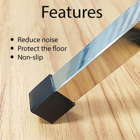 Close-up of a 20 Piece Square Rubber Chair Leg Cap Black on a chrome chair leg, designed as heavy duty floor protectors.