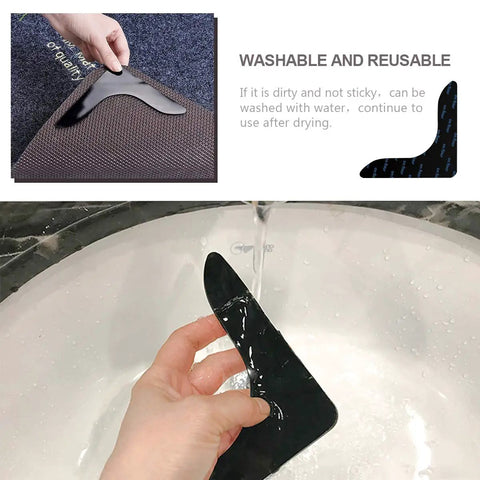 Hand washing black Never Curl No Slip Carpet Stickers 4 Pack in sink; showing washable and reusable properties