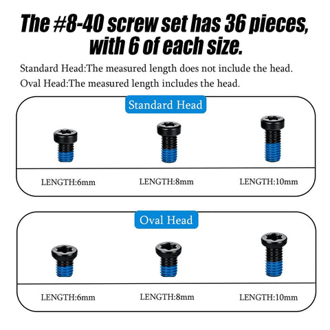 Top Shelf 8-40 Gunsmithing Screws And Slick Install Wrench Kit With Standard And Oval Heads In 6Mm 8Mm And 10Mm Lengths, showing screw sizes.