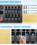All In One Marine Rocker Switch Panel With LED Circuit Breaker 10 Circuits 12V 24V DC Socket Horn Button Dual USB Charger And Voltmeter IP65 Waterproof Beefed Up For Boat RV Truck Car, package includes switch panel, screws, wires, and DIY stickers