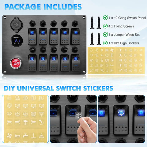 All In One Marine Rocker Switch Panel With LED Circuit Breaker 10 Circuits 12V 24V DC Socket Horn Button Dual USB Charger And Voltmeter IP65 Waterproof Beefed Up For Boat RV Truck Car, package includes switch panel, screws, wires, and DIY stickers
