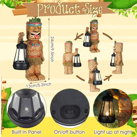 Solar Tiki Statue With Lantern For Outdoor Decor 9.84 Inch Tall Hand Painted Resin Tiki Figurine showcasing front and side views.