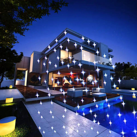 Motion Snow Fall Light Show With White Laser And 7 Color Star Effects Christmas Lights on modern house at night