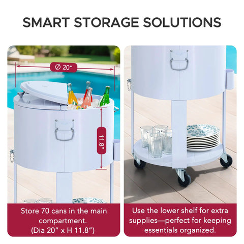 60 Quart Rolling Ice Chest Cooler Cart For Patio And Party, Ultra Portable Beverage Bar With Bottle Opener And Shelf, White
