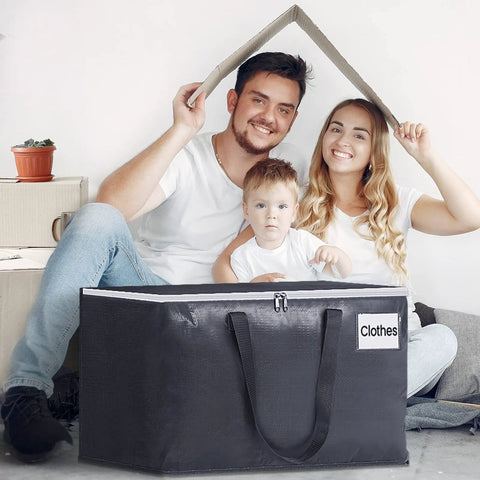 Family sitting behind Heavy Duty Collapsible Moving Bags 93L 8-Pack With Strong Zippers And Durable Handles, showing large tote size.