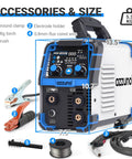 135 Amp Multi Process Welder For Mig Tig Stick With 110V Power, Flux Core Inverter, Synergic Control, front view with accessories.