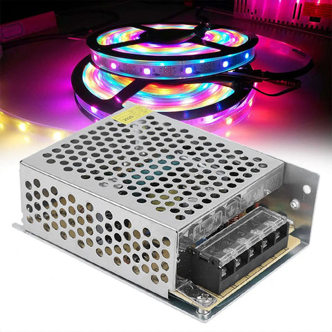 5V Power Supply For CCTV And LED Displays With Adjustable Voltage, Low Noise, Overload Protection, And Wide AC Input, Perfect For Industrial Automation Tasks, 5V 6A 30W, Model S 30 5, 100 To 240V metal housing with LED strip lights