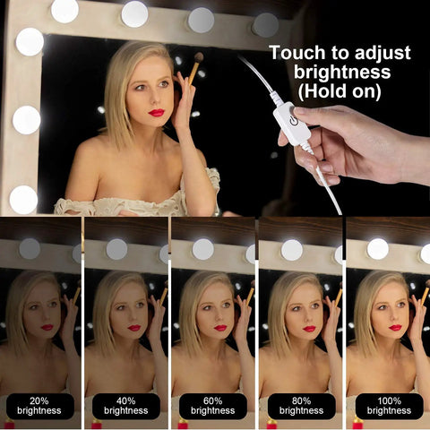 Model using Hollywood Vanity Mirror Lights with 16 LED Bulbs, dimmable plug in, showing brightness settings, stick up wall mount.