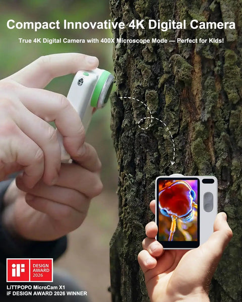 4K Digital Camera With 400X Microscope, 12.3MP BSI CMOS, Autofocus, 3.5 Inch LCD, Compact Point And Shoot For Photography, Cool Kid Friendly Gift For Curious Minds And Young Explorers on tree bark