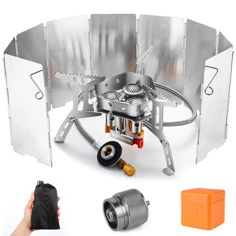 High Output Windproof Camp Stove For Outdoor Cooking With Windscreen Piezo Ignition Fuel Canister Adapter Carry Case Portable Collapsible Stove Burner For Backpacking Hiking And Picnics