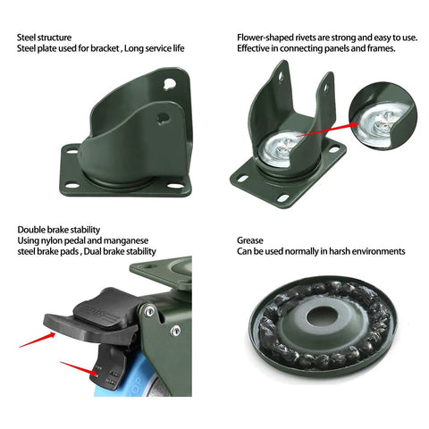 Heavy-Duty 3-Inch Swivel Caster Wheels For Furniture & Industrial Use Durable Steel Plate Bracket, close-up on brake system.