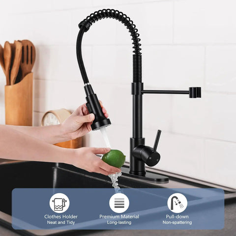 Kitchen Faucets With Pull Down Sprayer Single Handle Fit 1 Or 3 Hole Deck Plate Setup Farmhouse Style Spring Sink Faucet For RV Vessel Basin Matte Black Finish Easy DIY Install Hoses Included