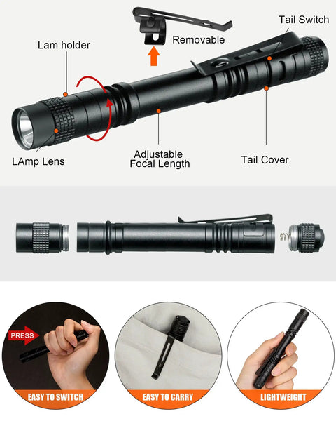 20 Pack Pen Light Flashlights, 5.12 Inch Aluminum Pocket LED Lights With Clip, features and uses displayed.