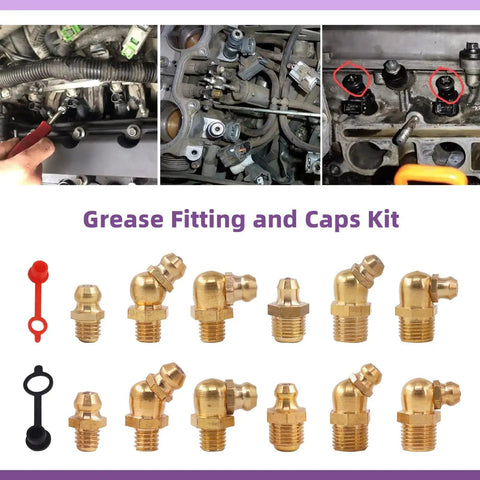 All In One SAE And Metric Brass Grease Nipple Kit With Caps 156 Pcs Hydraulic Fittings Set for Lubrication and tools in use