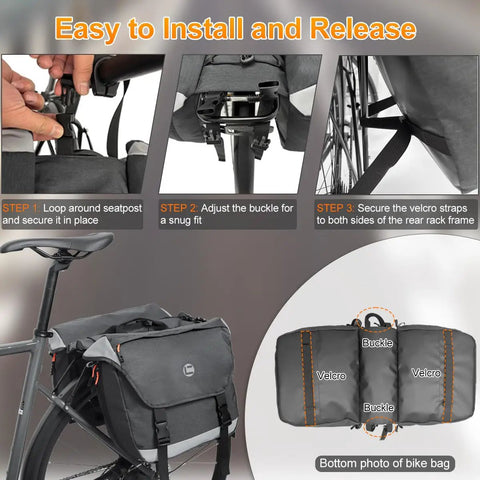 Image showing installation of Rear Rack Panniers With 25 To 35 Liter Expandable Capacity Water Resistant Cycling Luggage For Ebike Commuters Dual Compartments With Secure Drawstrings Top Zip Pockets Tool Straps And Reflective Trims For Groceries.