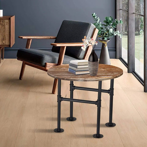 Round wooden table with Industrial Pipe Table Legs Black 15.9 Inch 2 Pack Sturdy Heavy Duty Metal Coffee Desk Legs in living room.