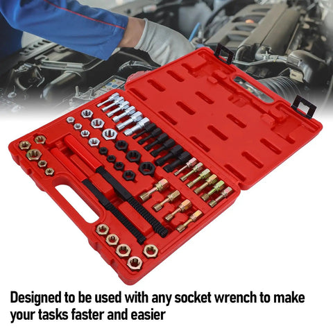 Premium 48 Pcs Steel Thread Chaser Set With Taps Dies And Files For Fixing Damaged Threads Fast On Car Bike Home DIY Projects Like A Pro. red case with steel taps dies and thread files