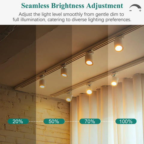 GU10 Dimmable LED Bulbs 2700K Warm White 700 Lumens 6W 120V in track lighting showing dimming levels from 20% to 100%