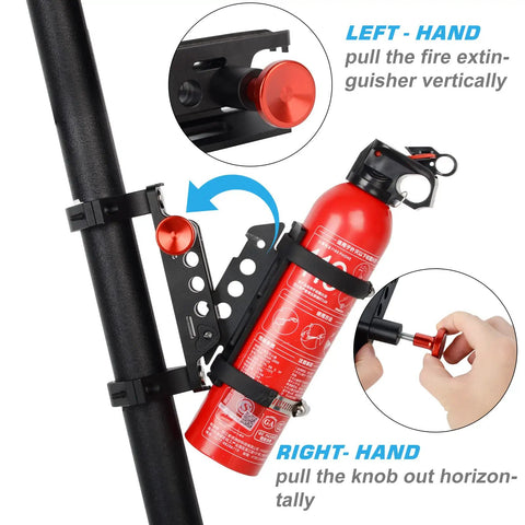 Heavy Duty Aluminum Fire Extinguisher Mount Bracket with Quick Release for 1.75 to 2 Inch Roll Bars on black bar.