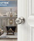 Keyed Entry Door Knob With Lock Satin Nickel Finish All Metal Construction Includes Three Keys Adjustable Backset Installed on Door