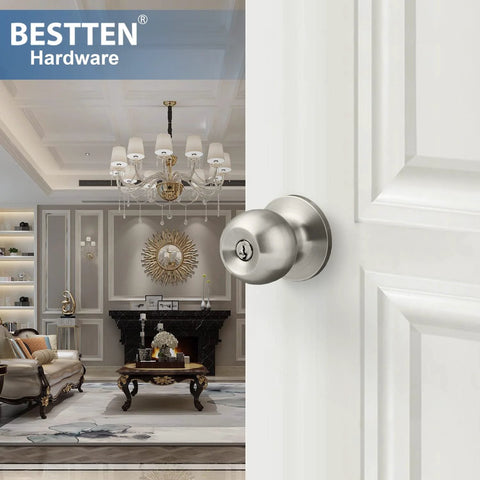 Keyed Entry Door Knob With Lock Satin Nickel Finish All Metal Construction Includes Three Keys Adjustable Backset Installed on Door