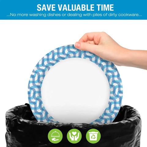 Person disposing of 10 Inch Thickened Disposable Paper Plates Bulk Pack 300 Count Heavy Duty Dinner Plates For Holidays Parties Picnics And Everyday Use Great For Home Kitchen And Outdoor Dining into a trash bag
