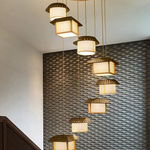 Killer Large Bamboo Ceiling Pendant Light With Eight Warm Hanging Fixtures For Staircases And Grand Foyers Adjustable Drop Wire Rustic Wooden Shade Sweet Vibe Home Decor Upgrade, featuring eight illuminated shades.