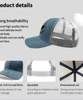 Sky Blue Adjustable Trucker Cap For Women, washed cotton dad hat showing breathable mesh back and curved brim.